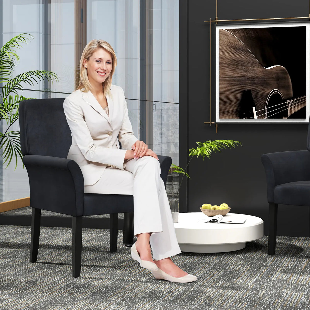 Fabric/Velvet Waiting Room Chair with Padded Armrests-Black