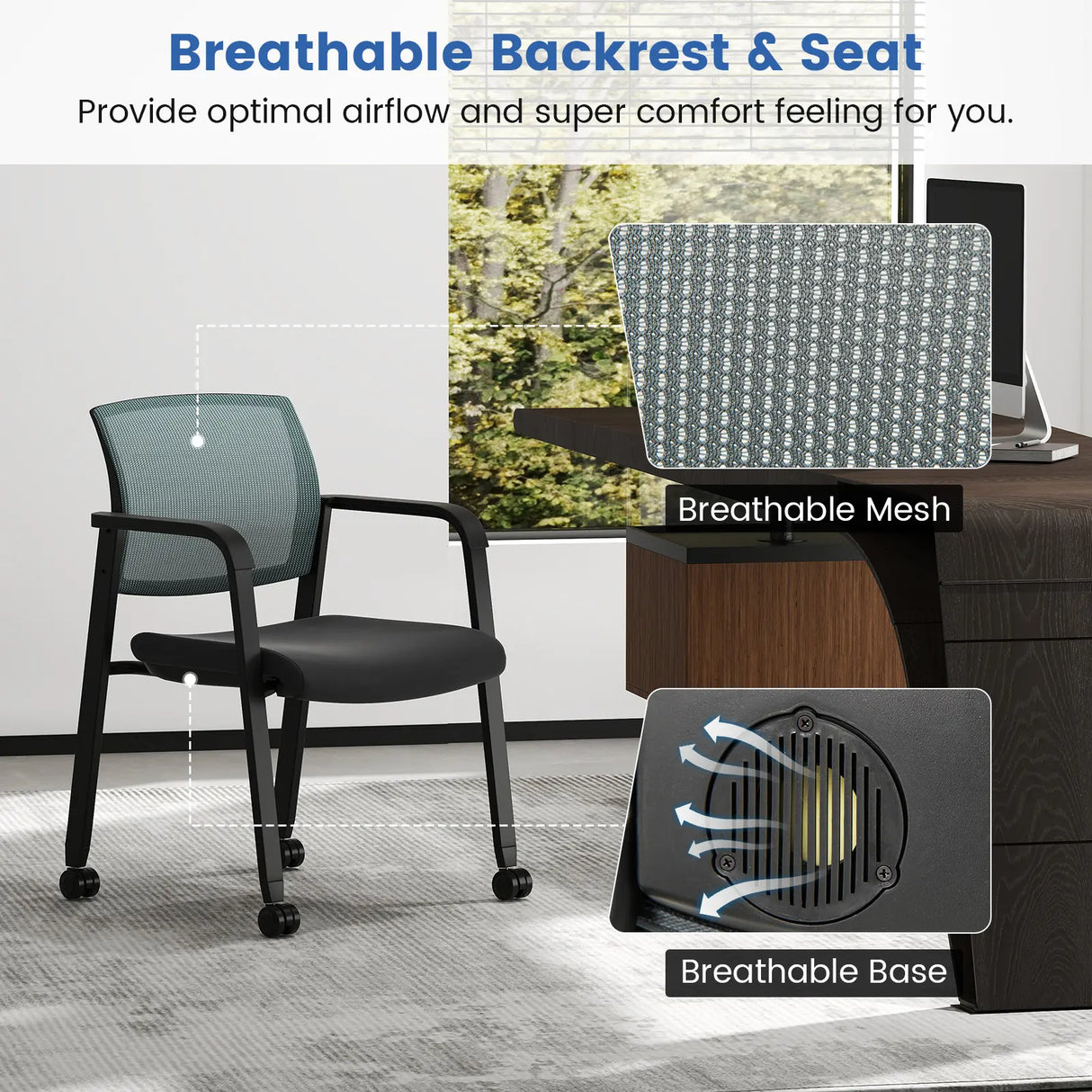 Waiting Room Chairs Set of 2 with Armrests and Wheels-Grey