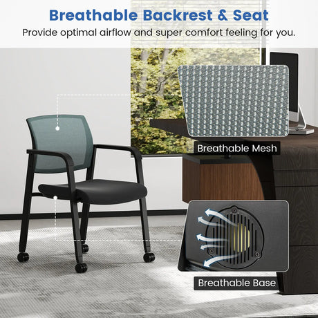 Waiting Room Chairs Set of 2 with Armrests and Wheels-Grey