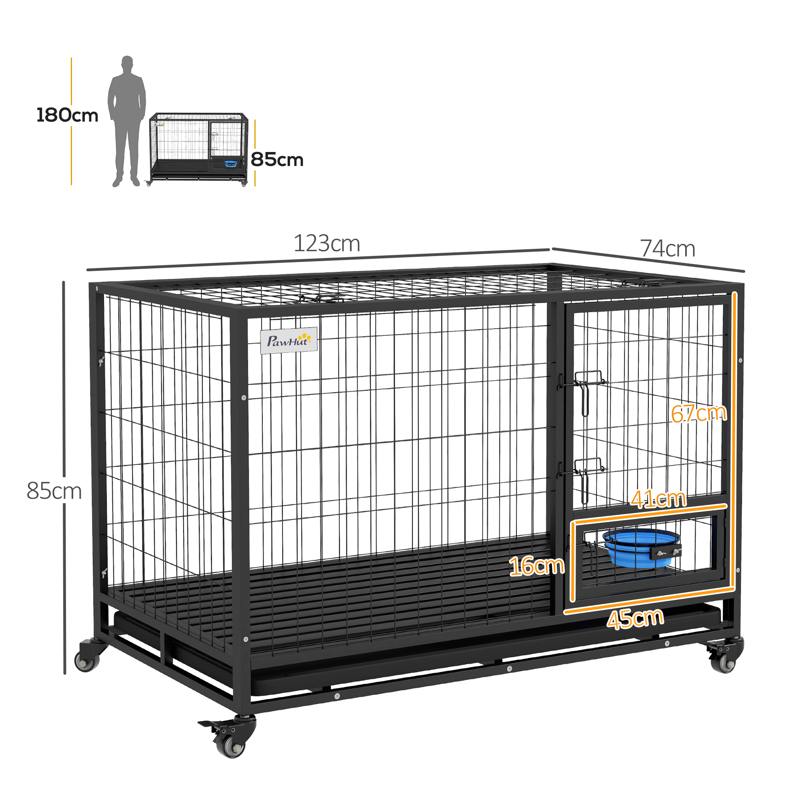 PawHut Heavy Duty Dog Crate on Wheels w/ Bowl Holder, Removable Tray, Openable Top, Detachable Door, for L, XL Dogs