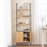 71 Inch 6-Tier Wall Mounted Ladder Bookshelf with Rattan Cabinet-Natural