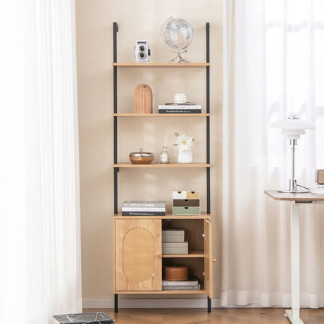 71 Inch 6-Tier Wall Mounted Ladder Bookshelf with Rattan Cabinet-Natural