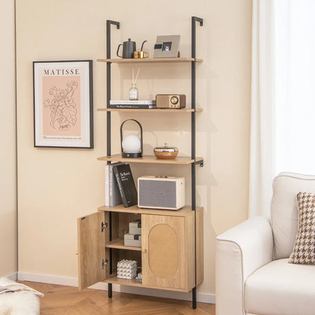 71 Inch 6-Tier Wall Mounted Ladder Bookshelf with Rattan Cabinet-Natural