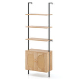 71 Inch 6-Tier Wall Mounted Ladder Bookshelf with Rattan Cabinet-Natural