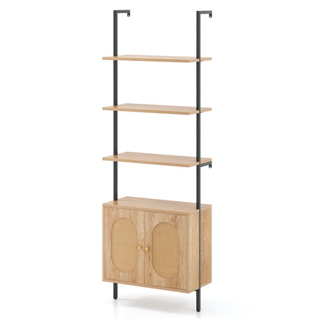71 Inch 6-Tier Wall Mounted Ladder Bookshelf with Rattan Cabinet-Natural