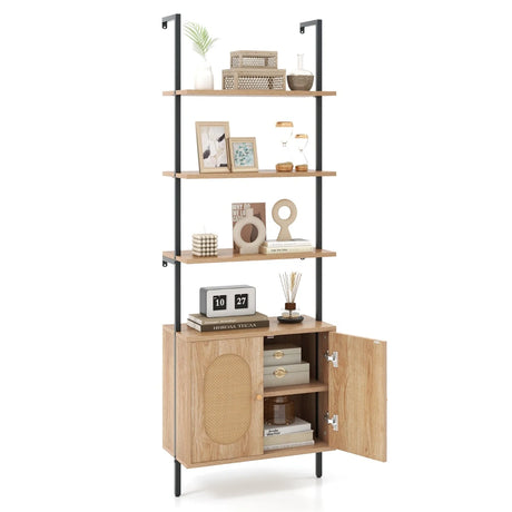 71 Inch 6-Tier Wall Mounted Ladder Bookshelf with Rattan Cabinet-Natural