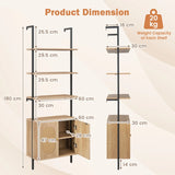 71 Inch 6-Tier Wall Mounted Ladder Bookshelf with Rattan Cabinet-Natural