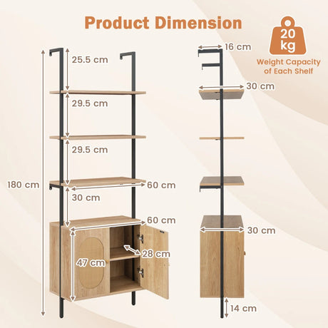 71 Inch 6-Tier Wall Mounted Ladder Bookshelf with Rattan Cabinet-Natural