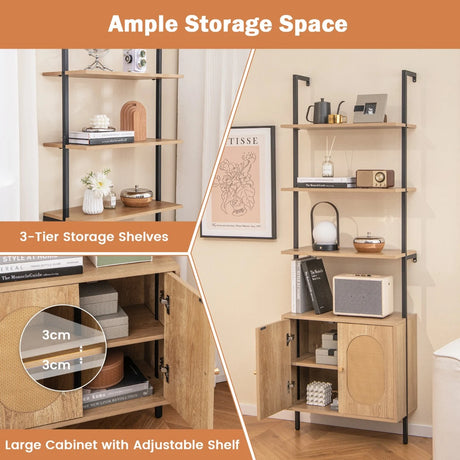 71 Inch 6-Tier Wall Mounted Ladder Bookshelf with Rattan Cabinet-Natural