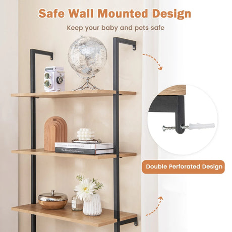 71 Inch 6-Tier Wall Mounted Ladder Bookshelf with Rattan Cabinet-Natural