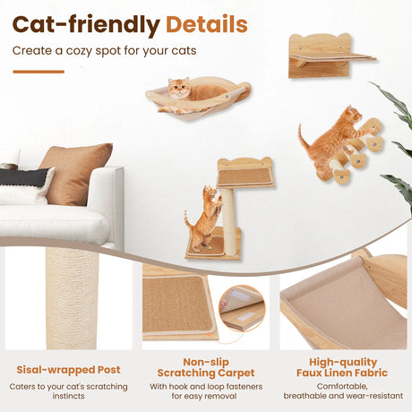 Wall Mounted 4pcs Cat Furniture Set with Hammock and Non-slip Carpet Mat-Natural