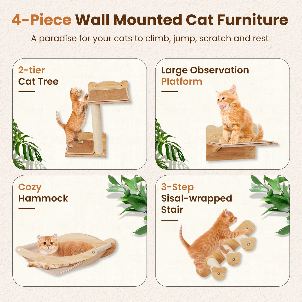 Wall Mounted 4pcs Cat Furniture Set with Hammock and Non-slip Carpet Mat-Natural