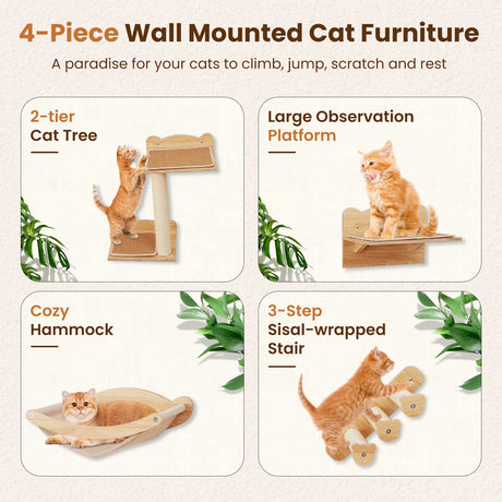 Wall Mounted 4pcs Cat Furniture Set with Hammock and Non-slip Carpet Mat-Natural