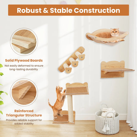 Wall Mounted 4pcs Cat Furniture Set with Hammock and Non-slip Carpet Mat-Natural