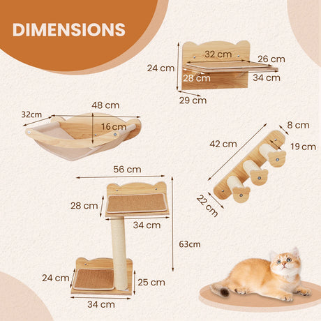 Wall Mounted 4pcs Cat Furniture Set with Hammock and Non-slip Carpet Mat-Natural