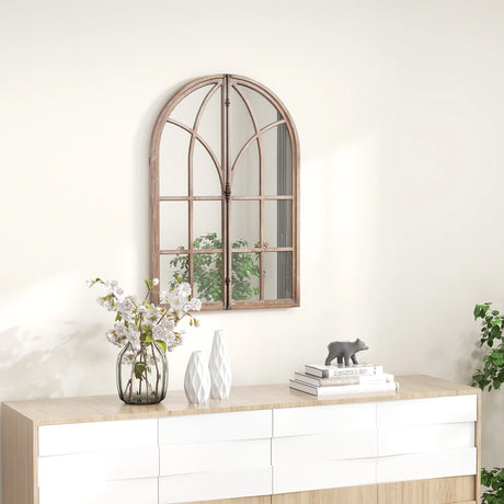 Wall Mounted Arched Window Pane Mirror-Natural