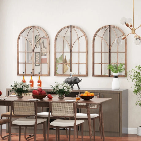 Wall Mounted Arched Window Pane Mirror-Natural