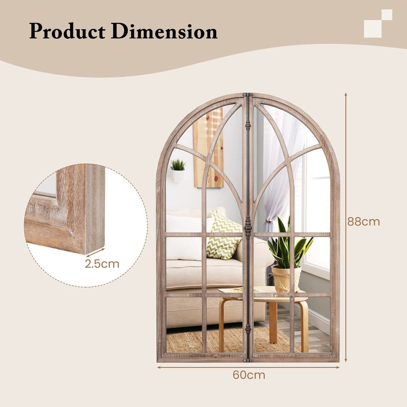 Wall Mounted Arched Window Pane Mirror-Natural