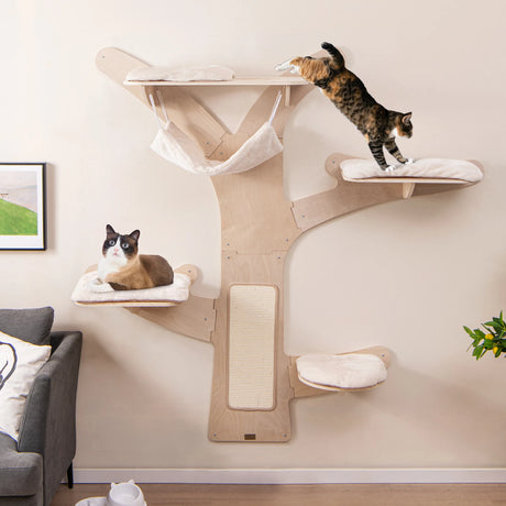 Wall-Mounted Cat Tower with 4 Platforms and Sisal Scratching Mat-Natural