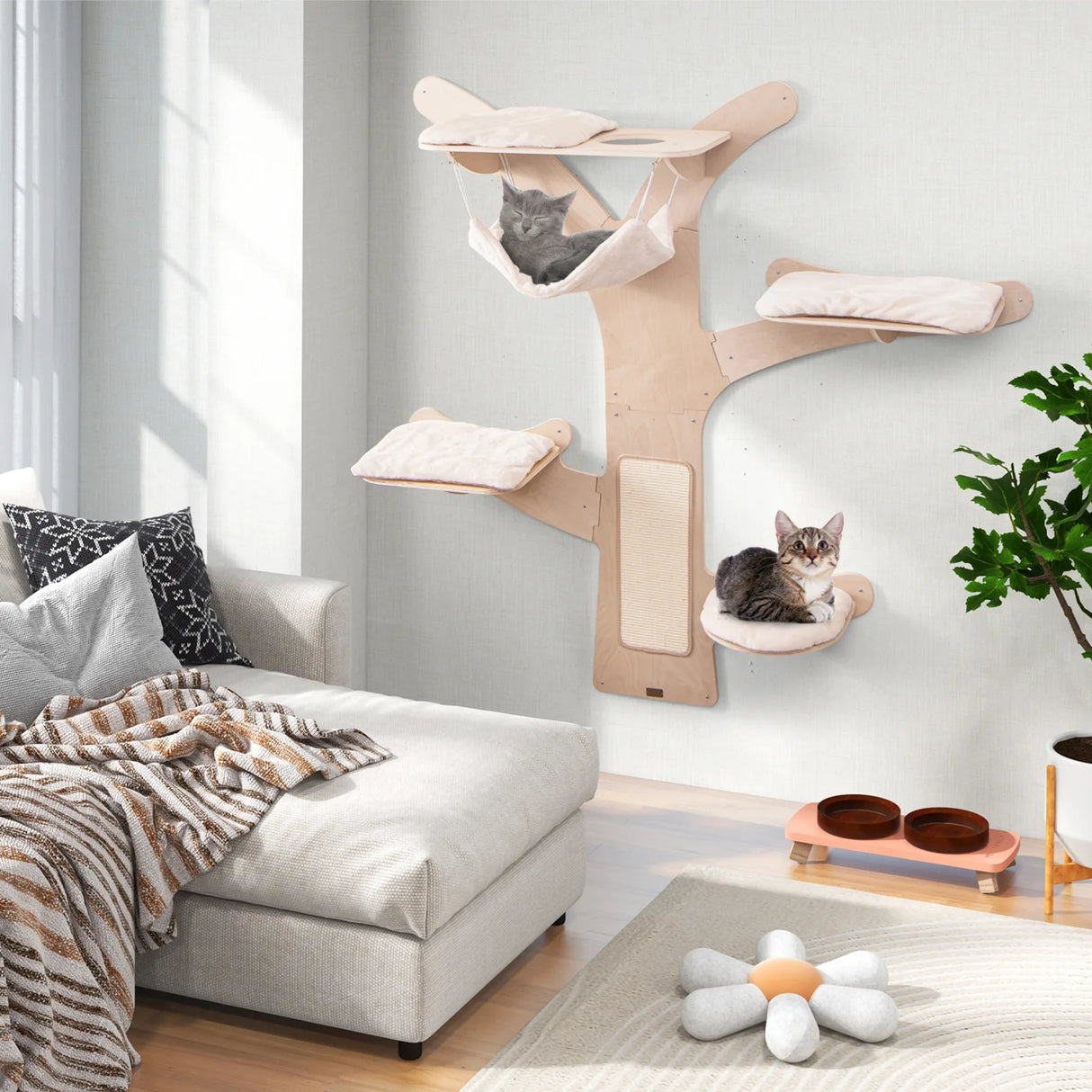 Wall-Mounted Cat Tower with 4 Platforms and Sisal Scratching Mat-Natural