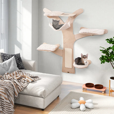 Wall-Mounted Cat Tower with 4 Platforms and Sisal Scratching Mat-Natural