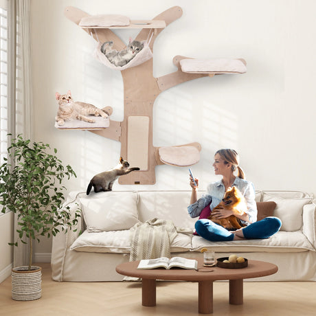 Wall-Mounted Cat Tower with 4 Platforms and Sisal Scratching Mat-Natural