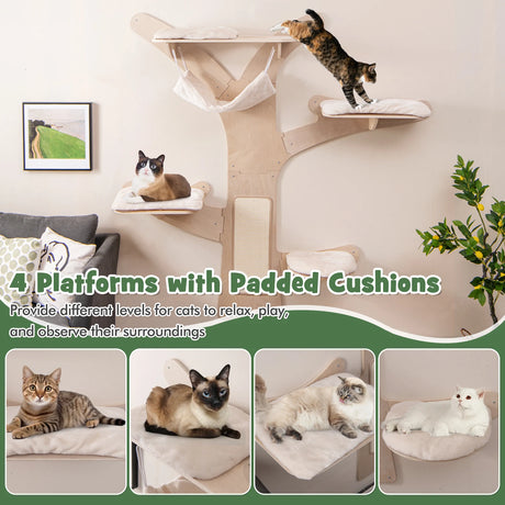 Wall-Mounted Cat Tower with 4 Platforms and Sisal Scratching Mat-Natural
