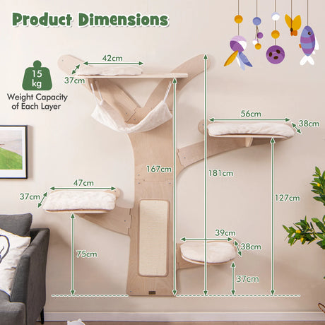 Wall-Mounted Cat Tower with 4 Platforms and Sisal Scratching Mat-Natural