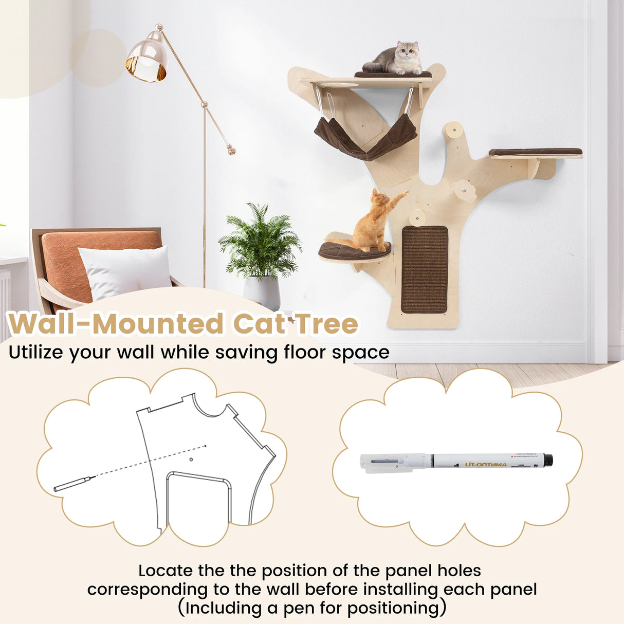Wall-Mounted Cat Tower Furniture with Scratching Posts-Brown