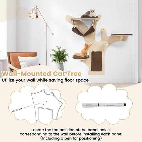 Wall-Mounted Cat Tower Furniture with Scratching Posts-Brown