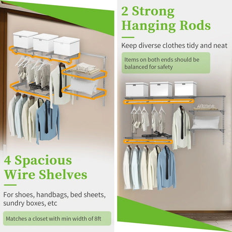 3 to 6 Feet Wall-Mounted Closet System Organizer Kit with Hang Rod-Gray
