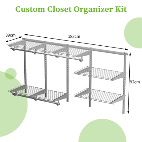 3 to 6 Feet Wall-Mounted Closet System Organizer Kit with Hang Rod-Gray