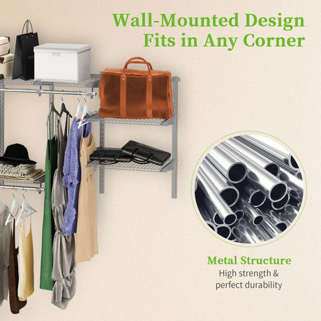 3 to 6 Feet Wall-Mounted Closet System Organizer Kit with Hang Rod-Gray