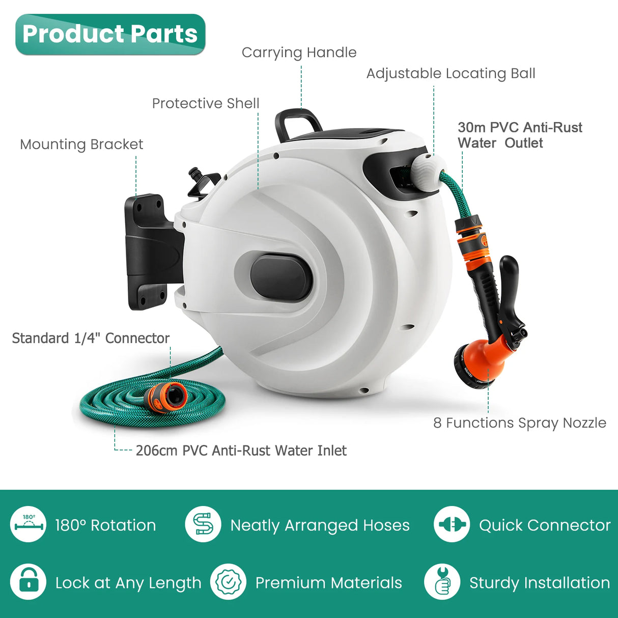 Garden hose reel with wall bracket 180  rotating bracket 1/2 inch 30m + 2m