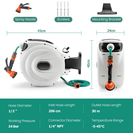 Garden hose reel with wall bracket 180  rotating bracket 1/2 inch 30m + 2m