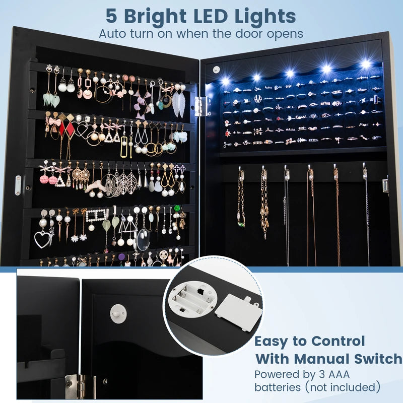 Wall Mounted Jewellery Armoire with LED Light-Black