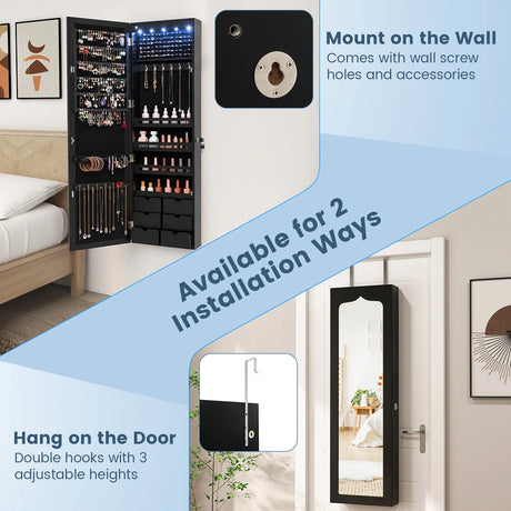Wall Mounted Jewellery Armoire with LED Light-Black