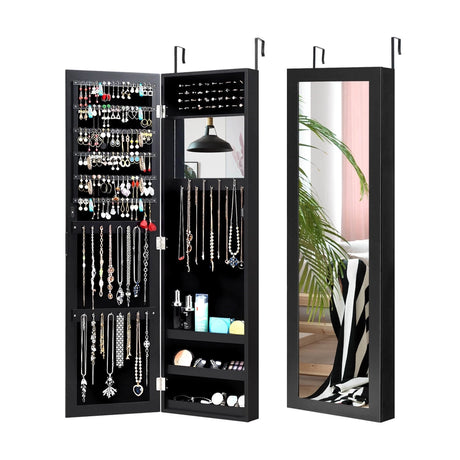 Full Length Mirror Jewelry Cabinet with Ring Slots and Necklace Hooks-Black