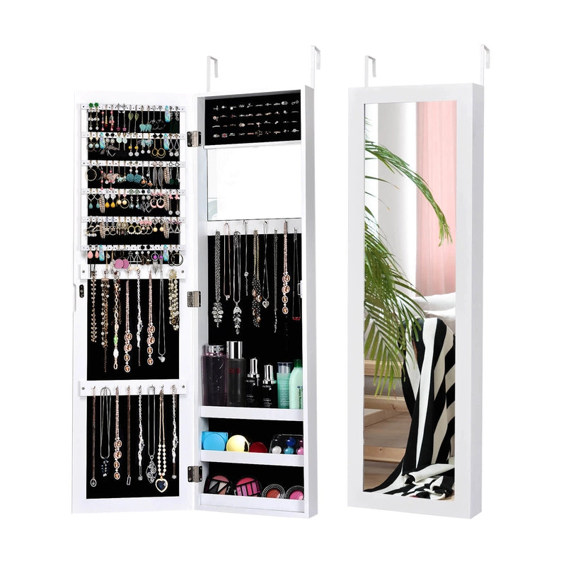 Full Length Mirror Jewelry Cabinet with Ring Slots and Necklace Hooks-White