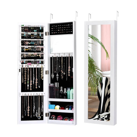 Full Length Mirror Jewelry Cabinet with Ring Slots and Necklace Hooks-White
