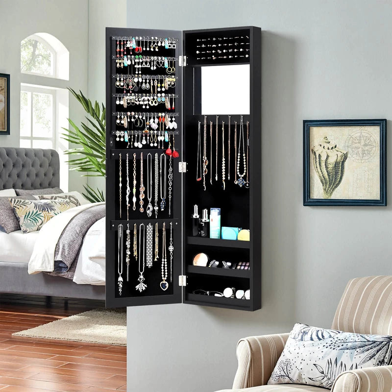 Full Length Mirror Jewelry Cabinet with Ring Slots and Necklace Hooks-Black