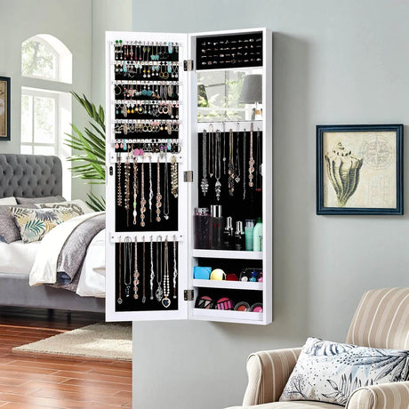 Full Length Mirror Jewelry Cabinet with Ring Slots and Necklace Hooks-White