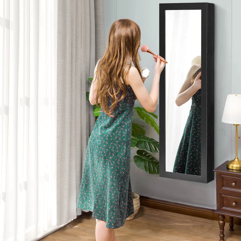 Full Length Mirror Jewelry Cabinet with Ring Slots and Necklace Hooks-Black