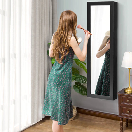 Full Length Mirror Jewelry Cabinet with Ring Slots and Necklace Hooks-Black
