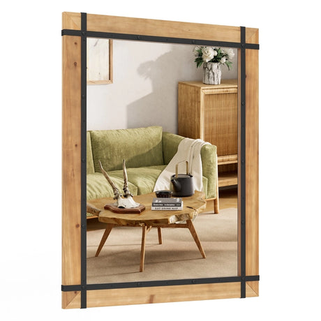 30 x 40 Inch Wall Mounted Mirror with Fir Wood Frame-Natural