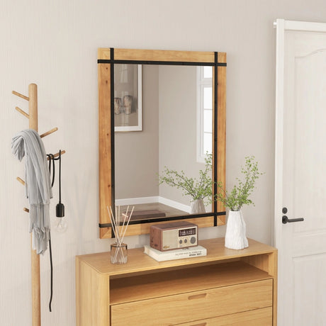30 x 40 Inch Wall Mounted Mirror with Fir Wood Frame-Natural