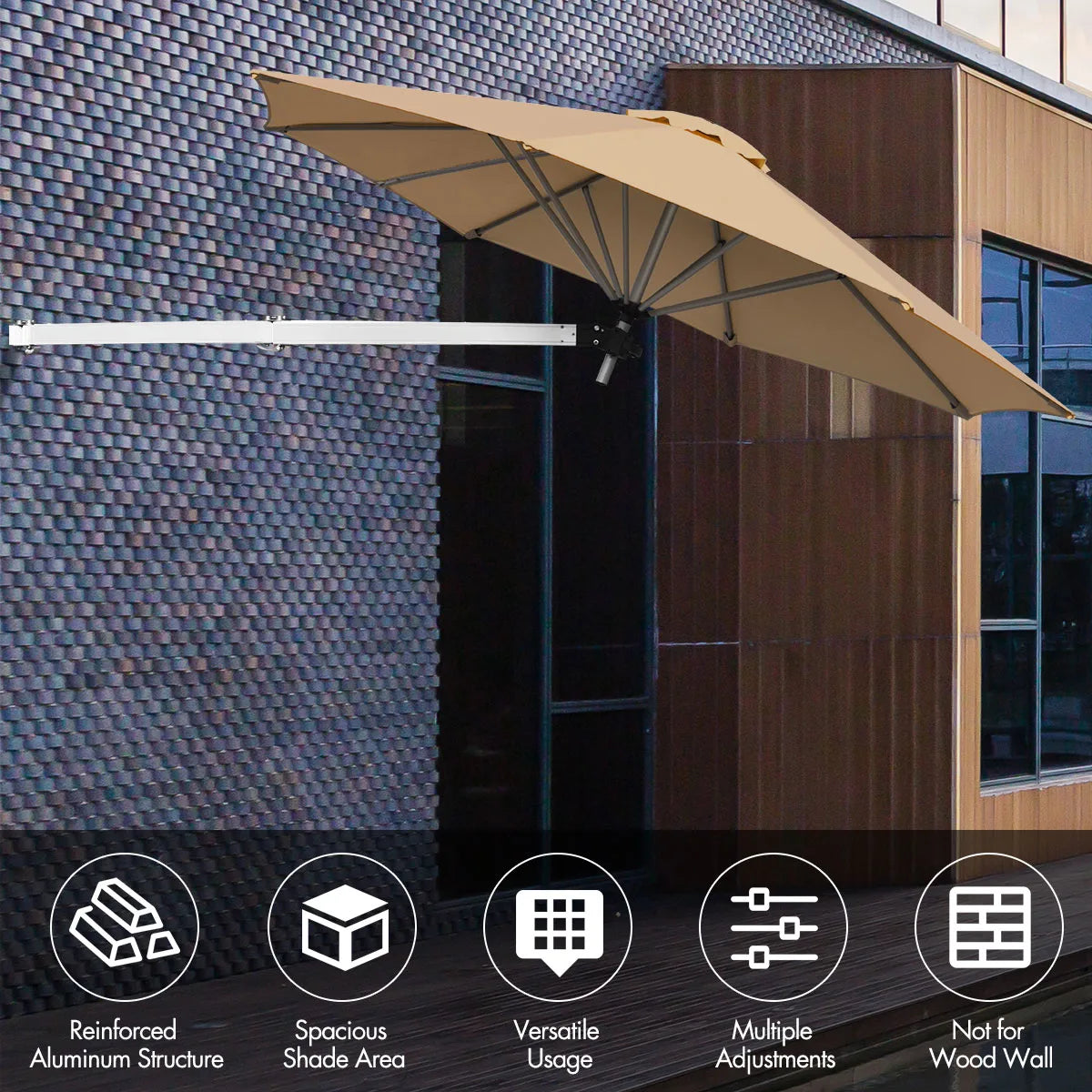 8ft Wall-Mounted Telescopic Folding Tilt Aluminum Sun Shade Umbrella-Beige