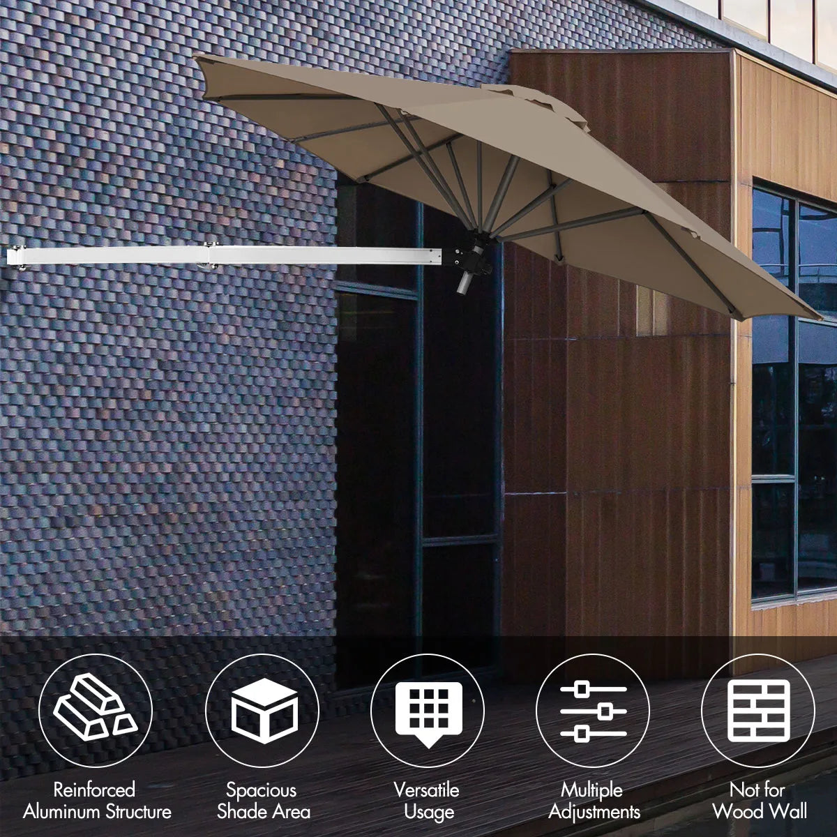 8ft Wall-Mounted Telescopic Folding Tilt Aluminum Sun Shade Umbrella-Tan