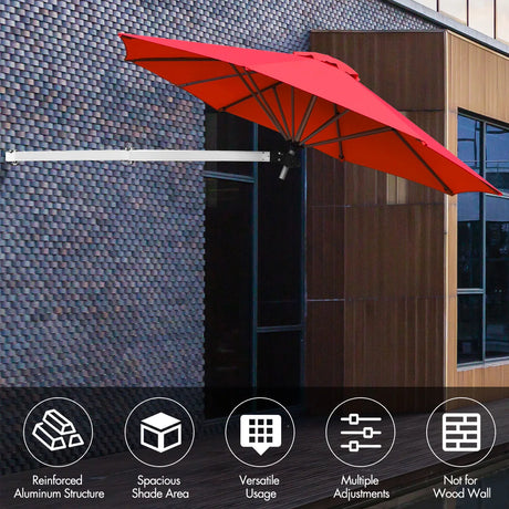 8ft Wall-Mounted Telescopic Folding Tilt Aluminum Sun Shade Umbrella-Burgundy