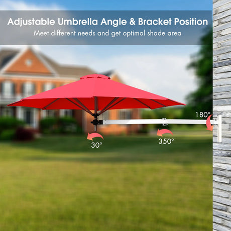 8ft Wall-Mounted Telescopic Folding Tilt Aluminum Sun Shade Umbrella-Burgundy